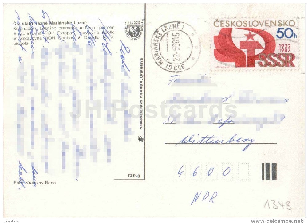 colonnade Forest source - cottage Evropa , Donbas - Marianske Lazne - Marienbad - Czechoslovakia - Czech - used 1988 - JH Postcards