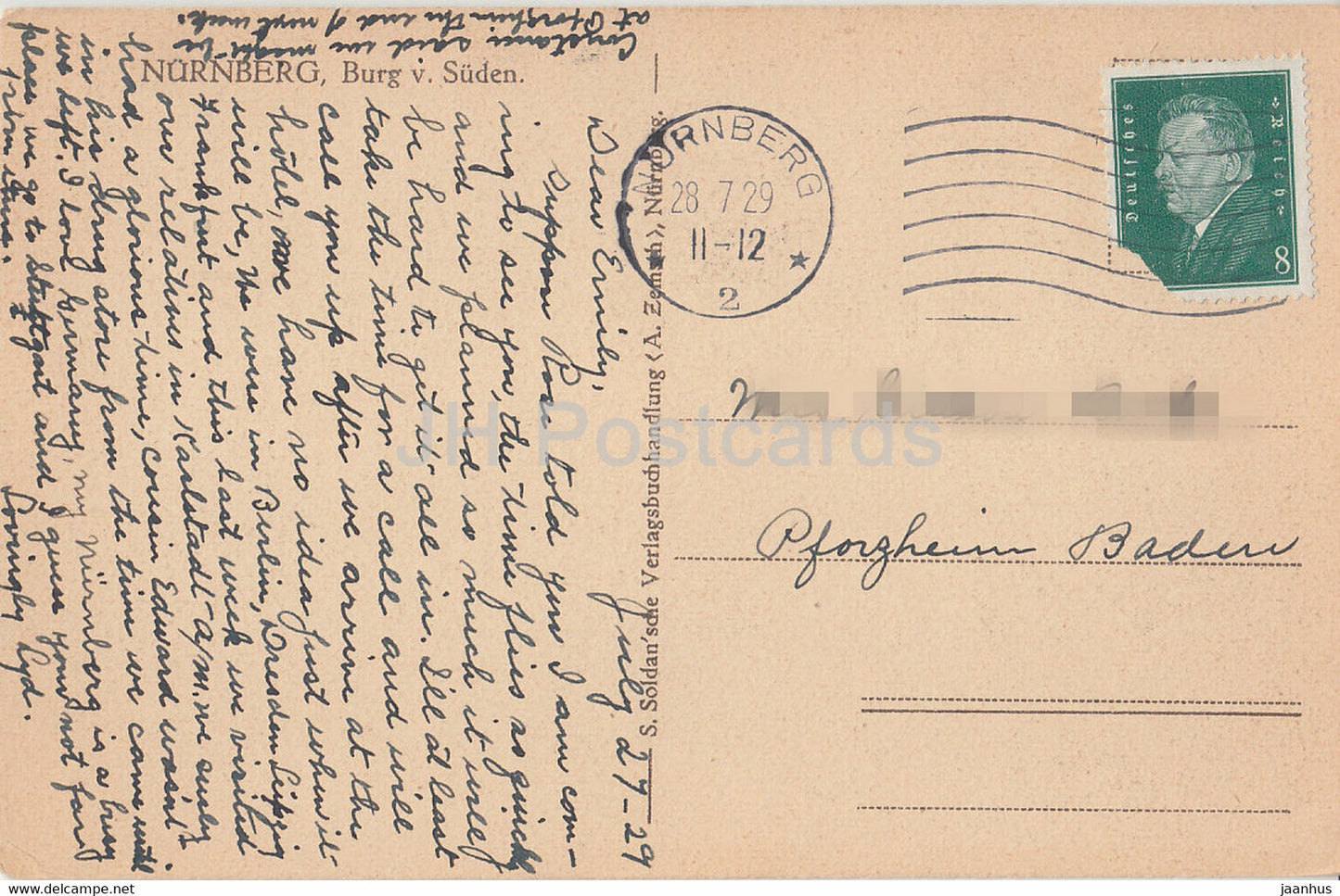 Nuremberg - Burg von Suden - carte postale ancienne - 1929 - Allemagne - utilisé
