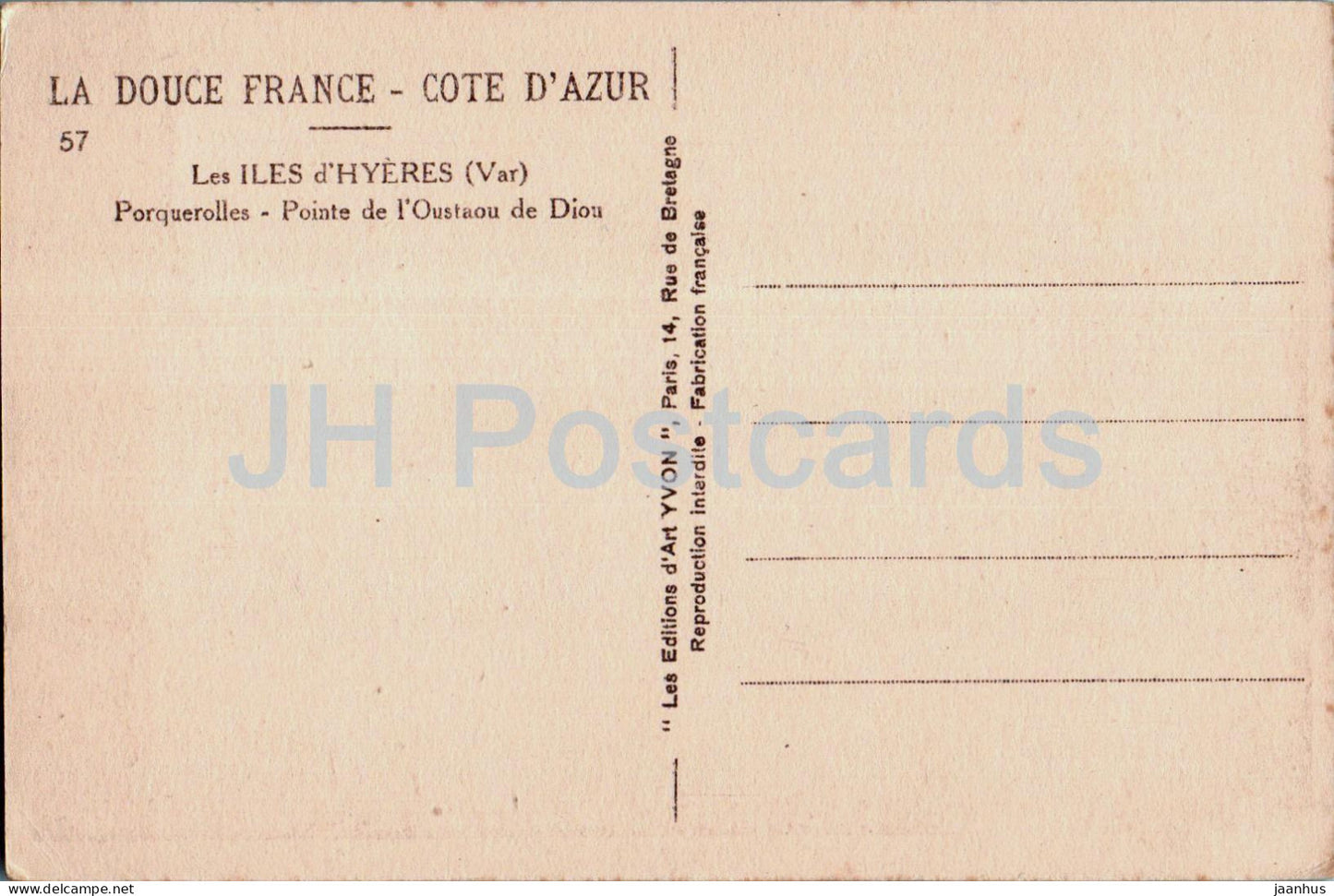 Les Iles d'Hyères - Porquerolles - Pointe de l'Oustaou de Diou - 57 - carte postale ancienne - France - inutilisée