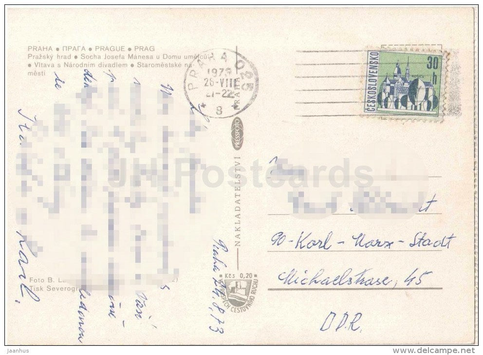 Praha - Prague - castle - statue of Josef Manes - Old Town Square - Czechoslovakia - Czech - used 1973 - JH Postcards