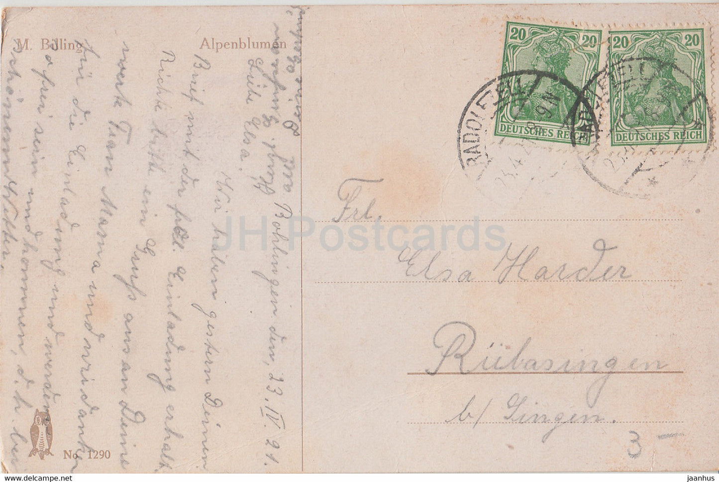 peinture de M Billing - Alpenblumen - Fleurs alpines - No 1290 - art - carte postale ancienne - 1921 - Allemagne - utilisé