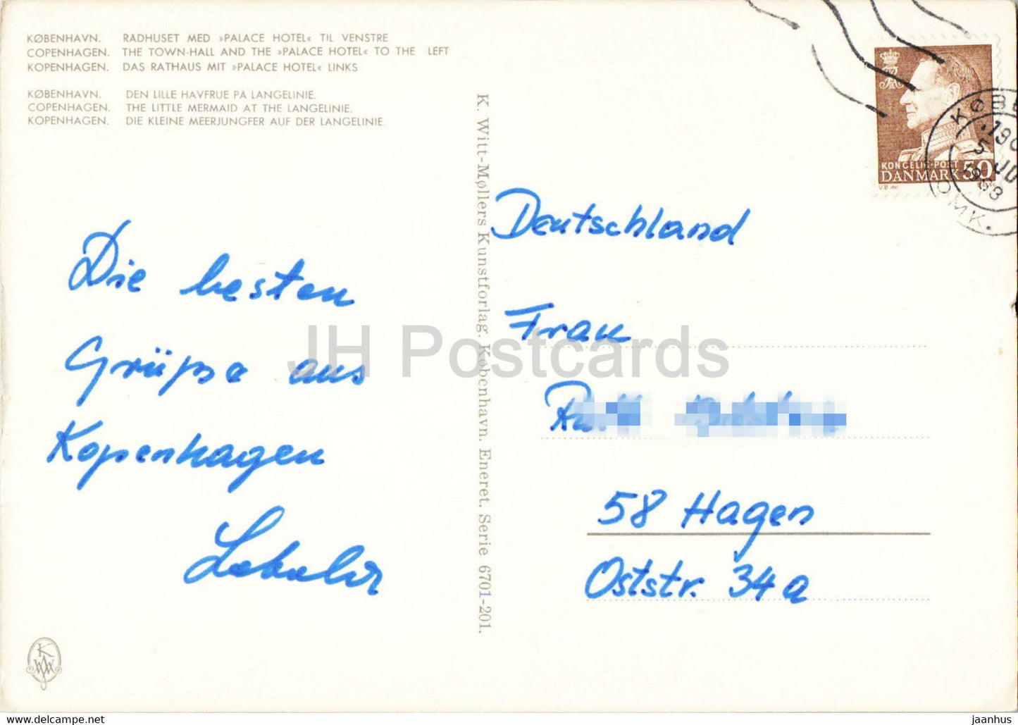 Copenhague - L'hôtel de ville et l'hôtel Palace à gauche - Petite Sirène - 1968 - Danemark - utilisé