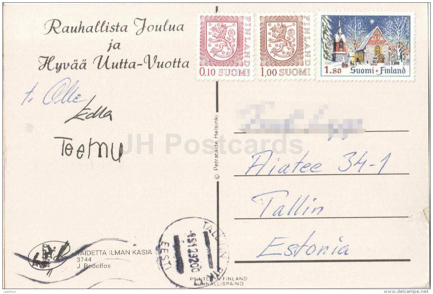 Christmas Greeting Card - candles - illustration J. Rodolfos - stamp - Finland - used in 1992 - JH Postcards