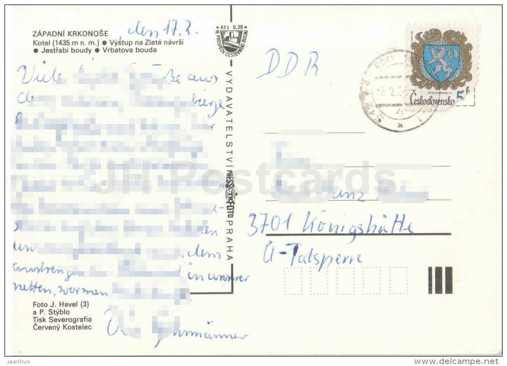 East Krkonose - Kotel mountain - Jestrabi shed - Vrbatova shed - Czechoslovakia - Czech - used - JH Postcards