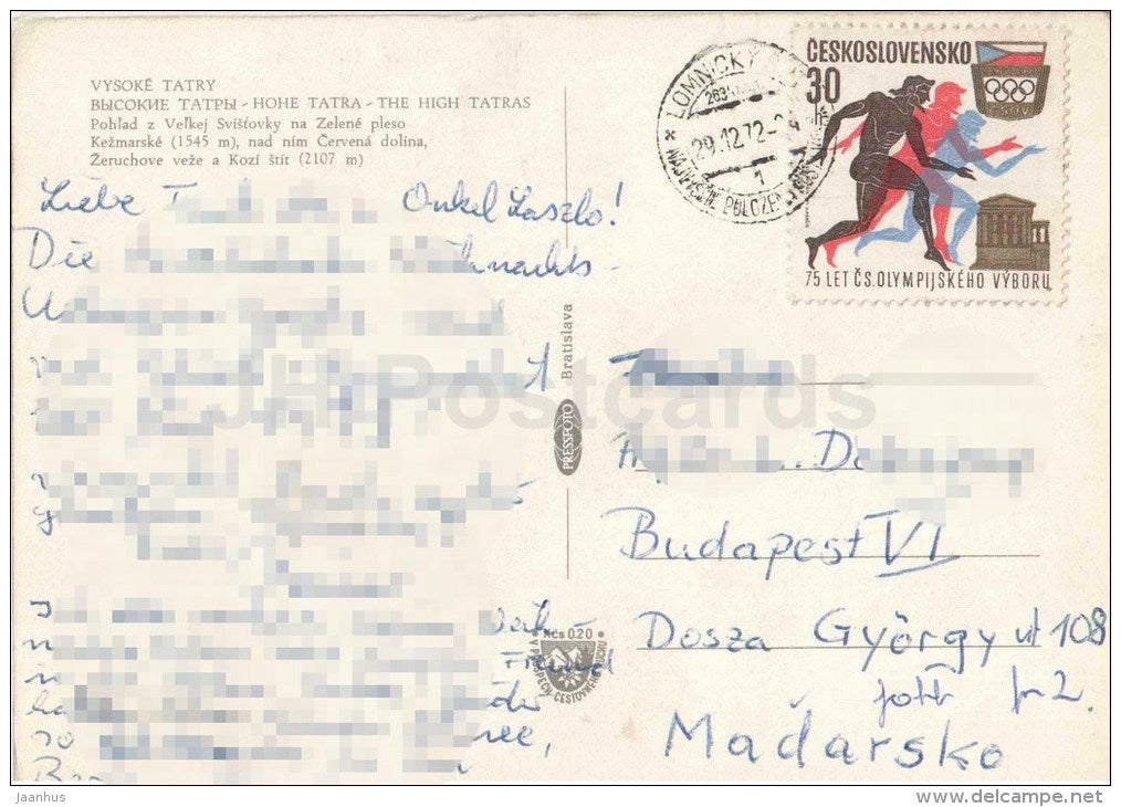 Velka Svistovka - Zelene pleso - Kezmarske - Vysoke tatry - High Tatras - Czechoslovakia - Slovakia - used 1972 - JH Postcards