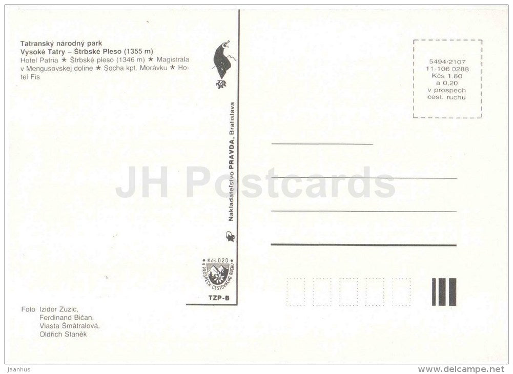 Strbske Pleso - hotel Patria - statue - hotel FIS - Vysoke Tatry - High Tatras - Czechoslovakia - Slovakia - unused - JH Postcards