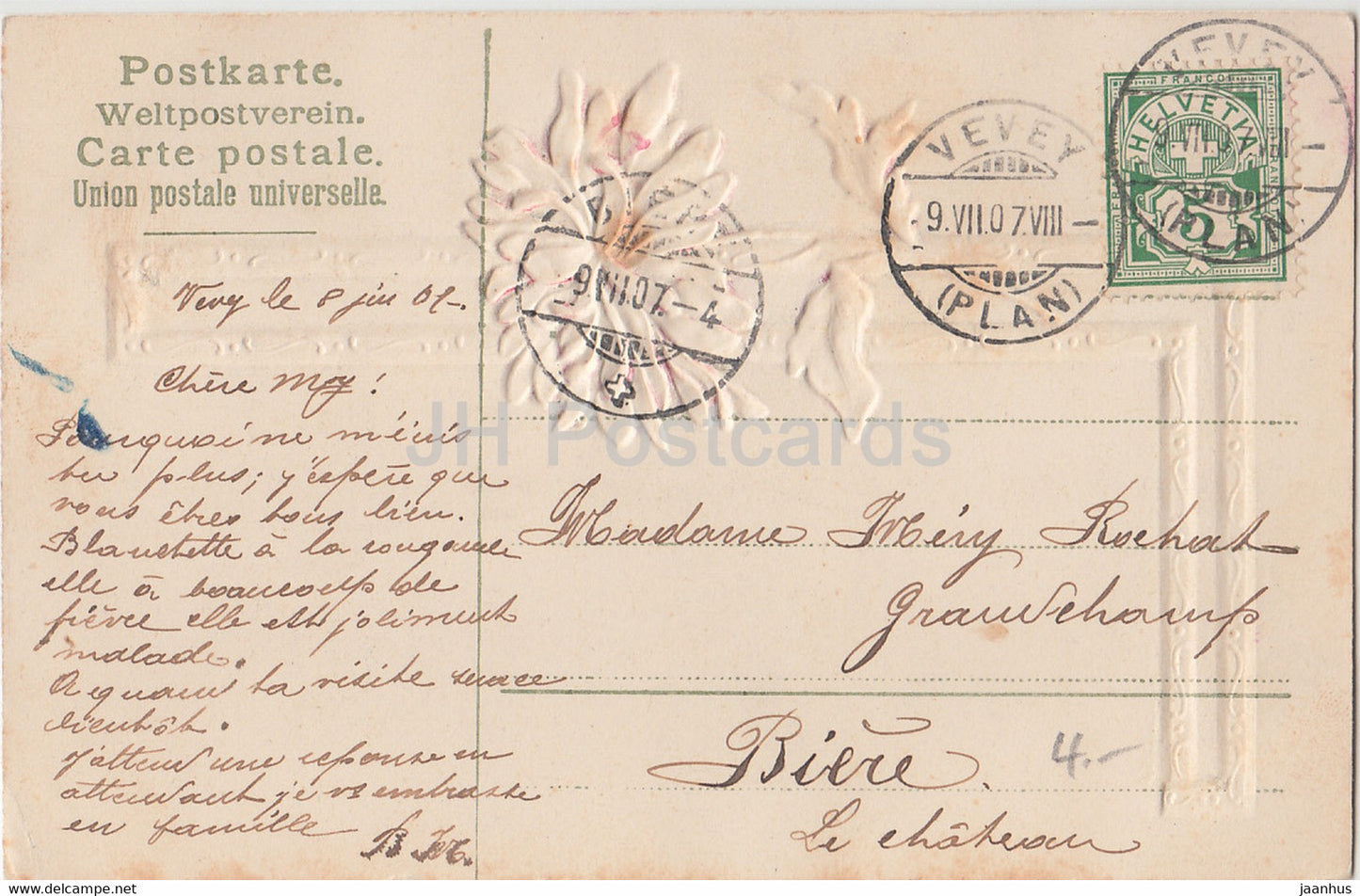 flowers - horse rider - illustration - old postcard - 1907 - used