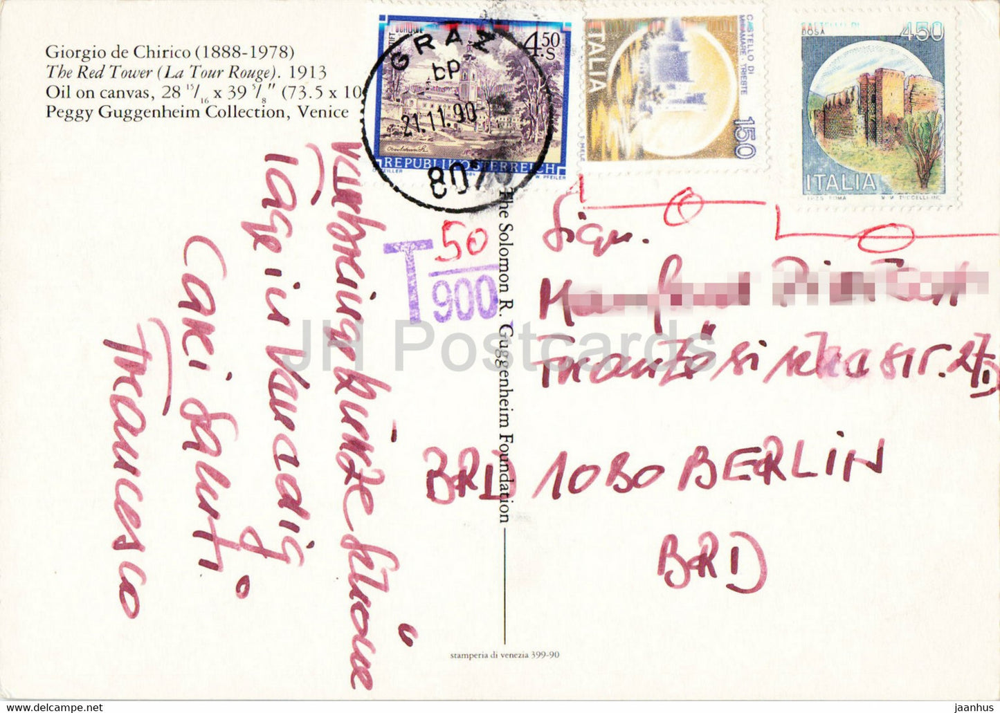 painting by Giorgio de Chirico - The Red Tower - La Tour Rouge - Italian art - 1990 - used