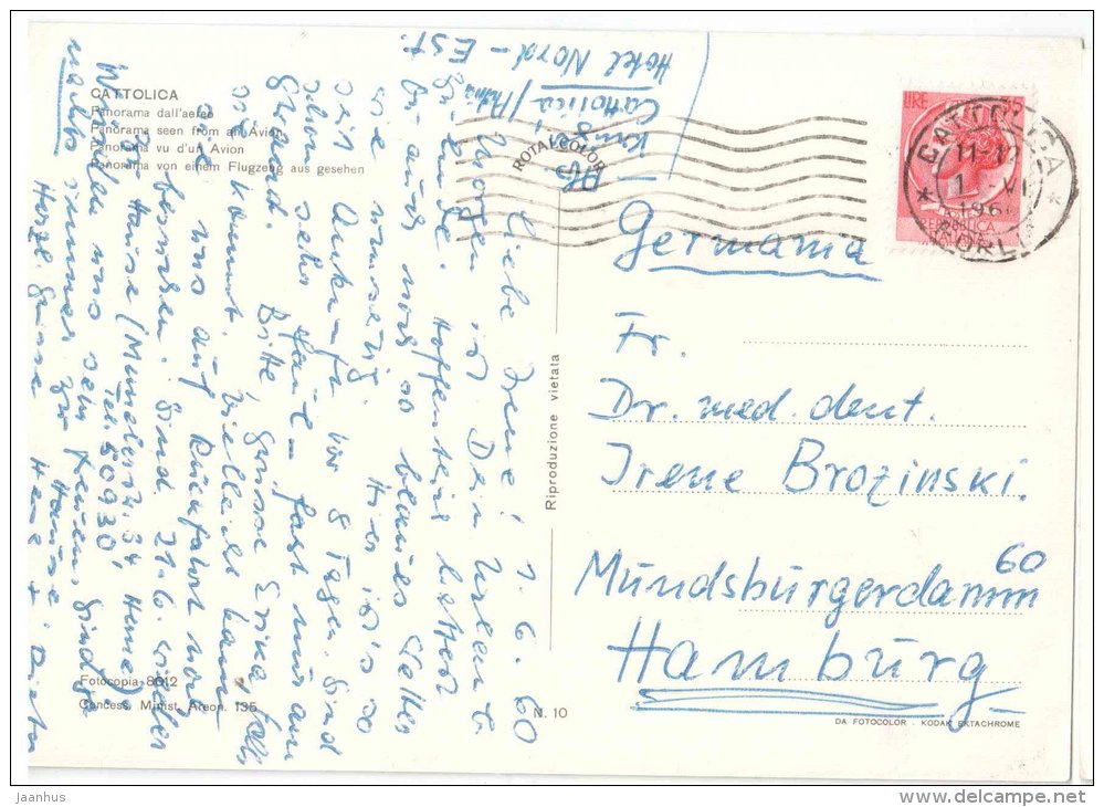 Panorama dall´aereo - beach - Cattolica - Rimini - 8012 - Italia - Italy - sent from Italy to Germany 1960 - JH Postcards