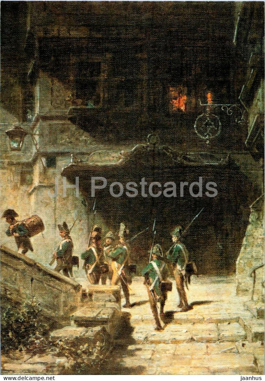 painting by Carl Spitzweg - The Night Patrol - Nachtliche Runde - military - German art - Germany - unused - JH Postcards