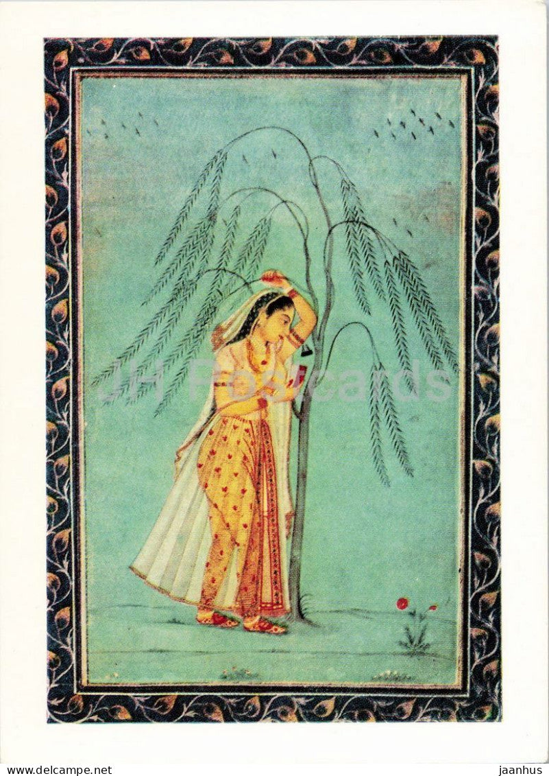 Indian miniature - Girl under a Weeping Willow  Madchen unter einer Trauerweide - Indian art 1969 - Germany DDR - unused - JH Postcards