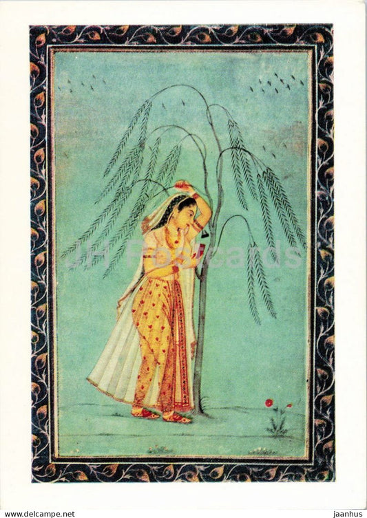 Indian miniature - Girl under a Weeping Willow  Madchen unter einer Trauerweide - Indian art 1969 - Germany DDR - unused - JH Postcards