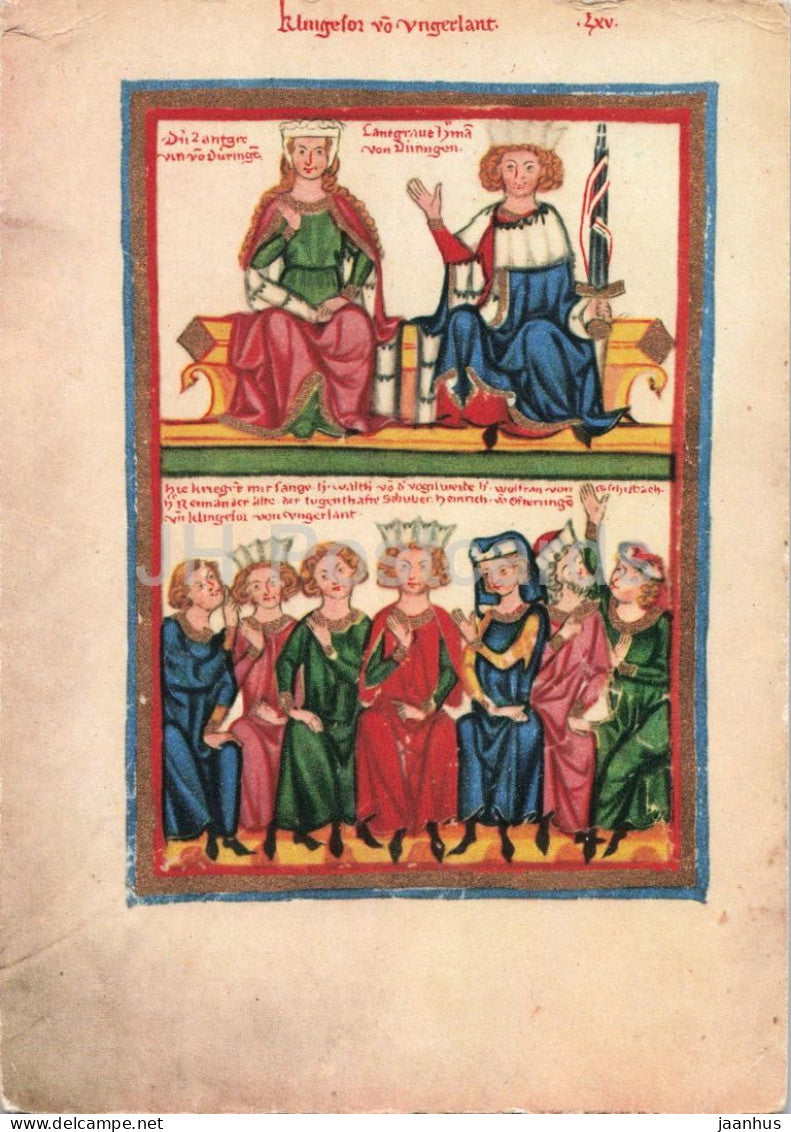 Codex Manesse - Klingsor von Ungerlant - medieval illumination - old postcard - 1950s - Germany - used - JH Postcards