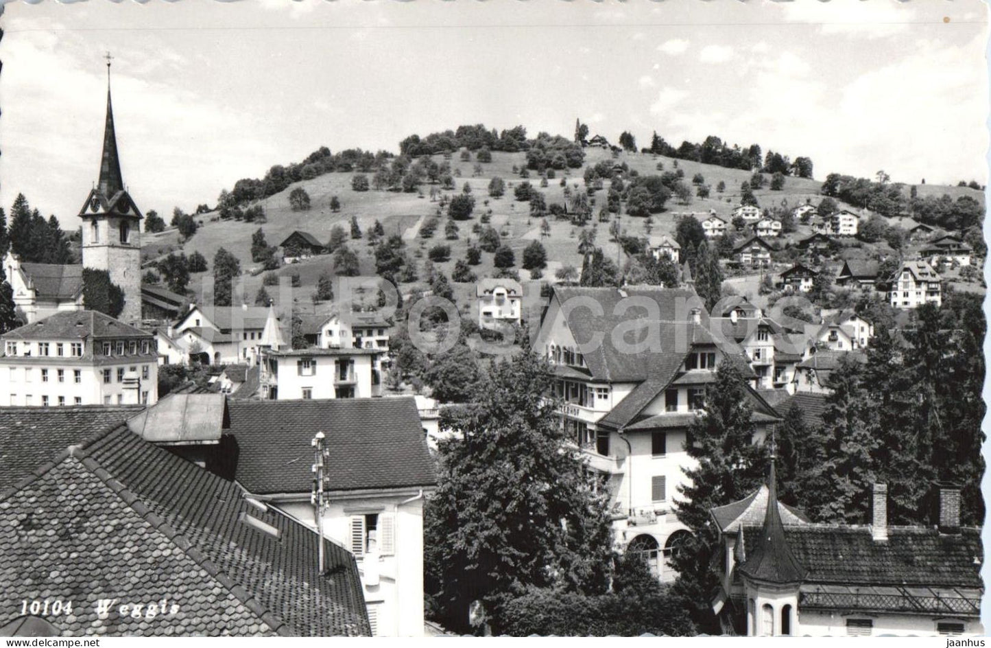 Weggis - village church hillside houses - 10104 - old postcard - Switzerland - unused - JH Postcards