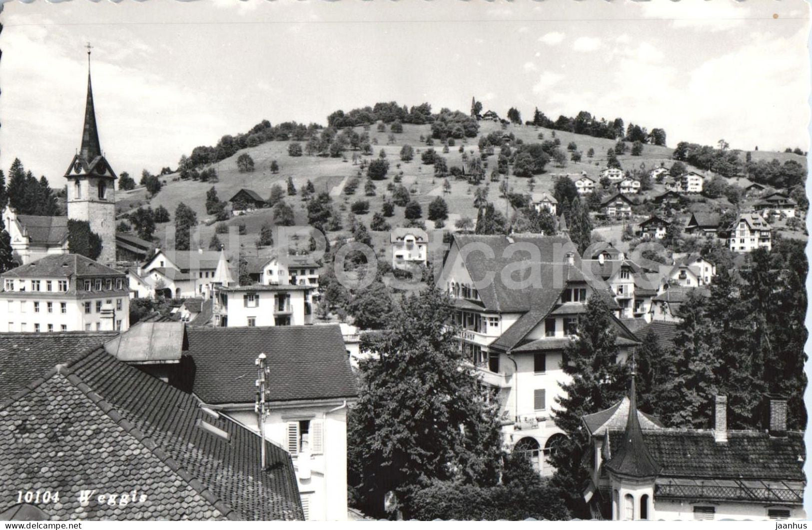 Weggis - village church hillside houses - 10104 - old postcard - Switzerland - unused - JH Postcards