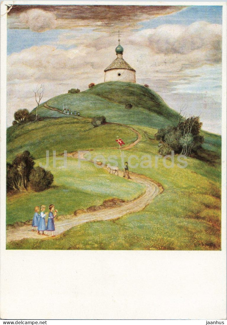 painting by Matthaus Schiestl - The Chapel Above - Droben stehet die Kapelle - sheep old postcard 1948 - Austria - used - JH Postcards