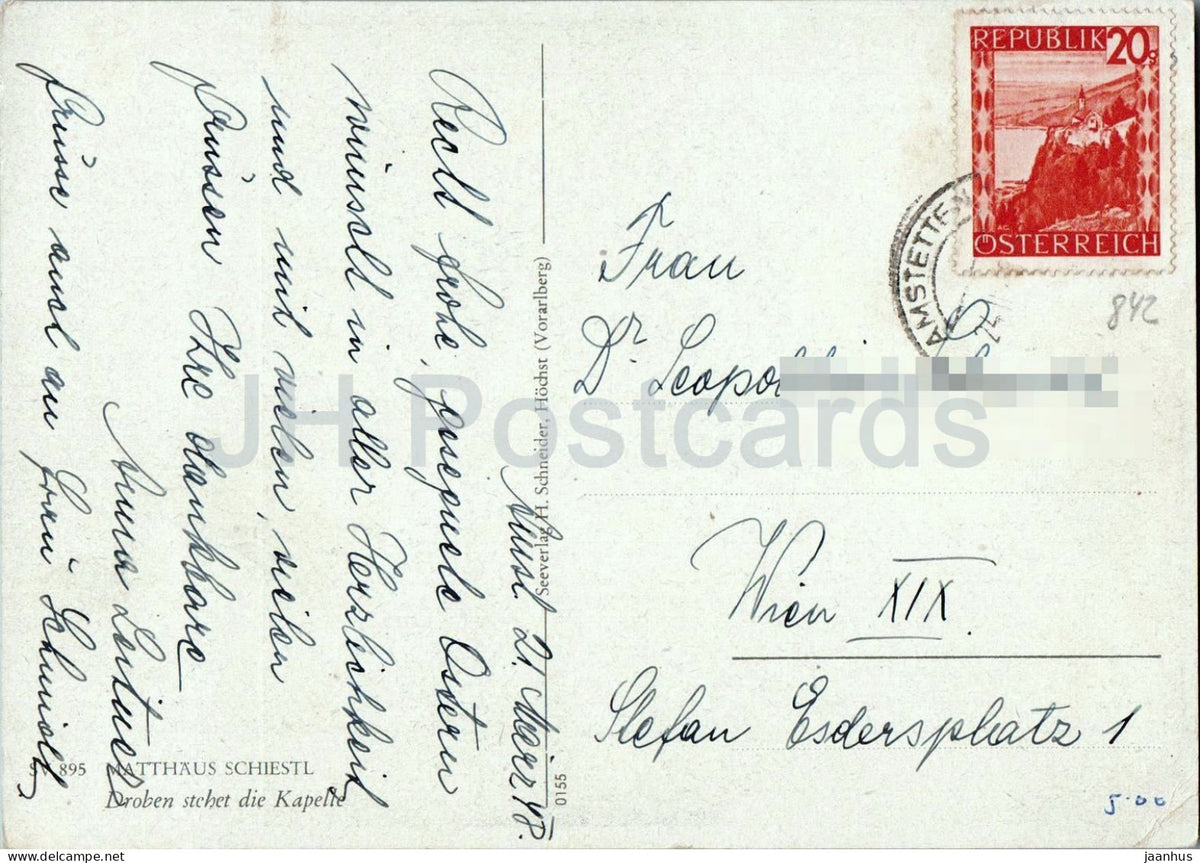 painting by Matthaus Schiestl - The Chapel Above - Droben stehet die Kapelle - sheep old postcard 1948 - Austria - used