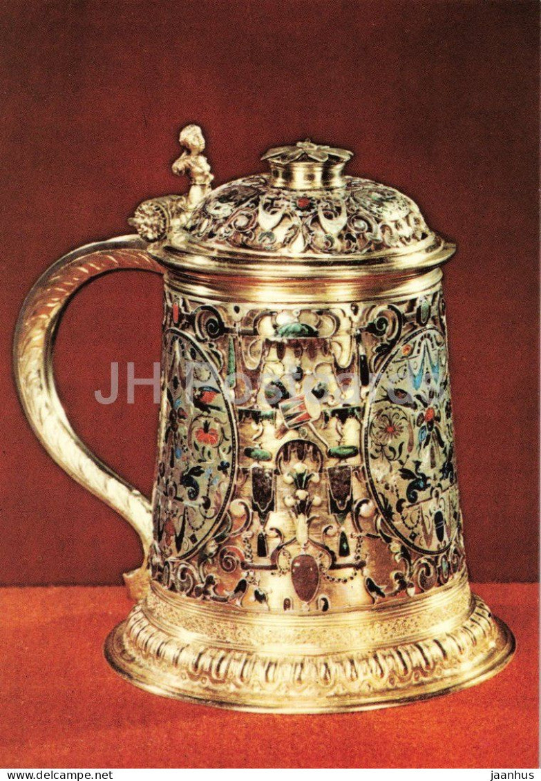 lidded tankard - Deckelhumpen - gilt silver with enamel inlay - Augsburg 16th century - 1977 - Germany DDR - unused - JH Postcards