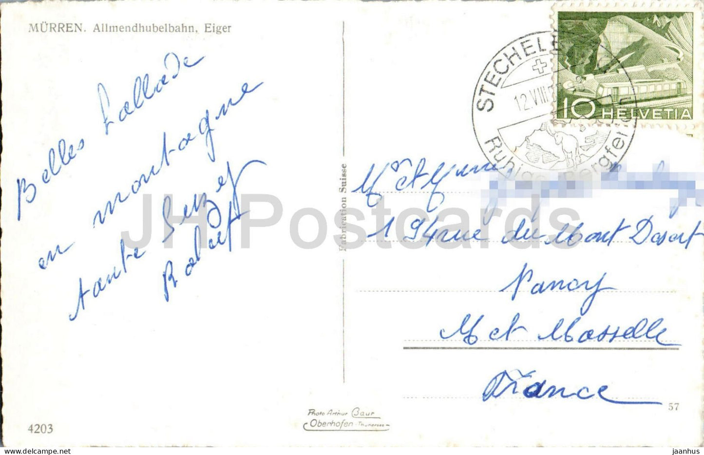 Murren Allmendhubel - Eiger - Alps - mountains - funicular - 4203 - old postcard - 1950s - Switzerland - used