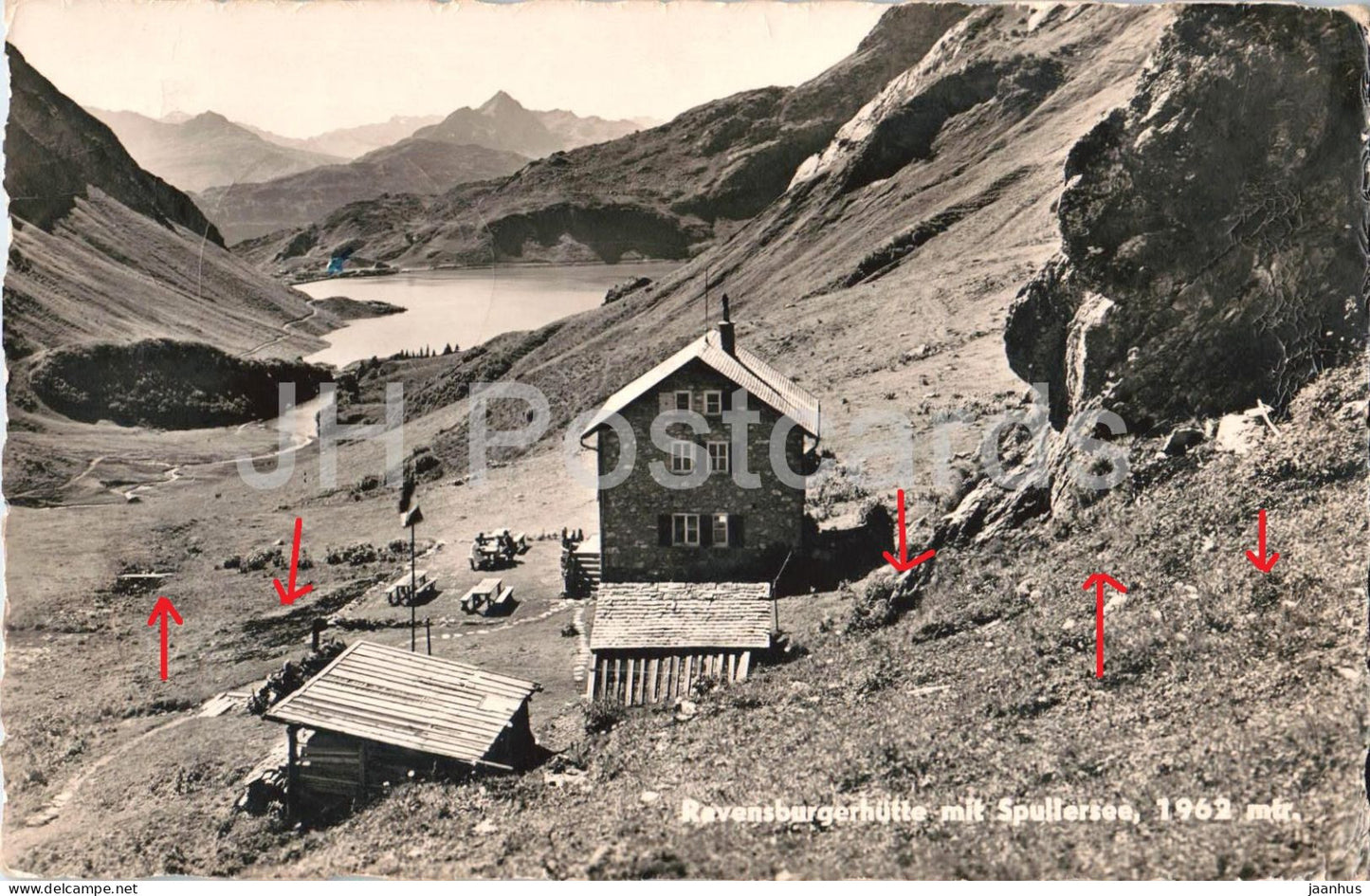 Ravensburgerhutte mit Spullersee 1963 m - Alps - mountains - old postcard - 1956 - Austria - used - JH Postcards