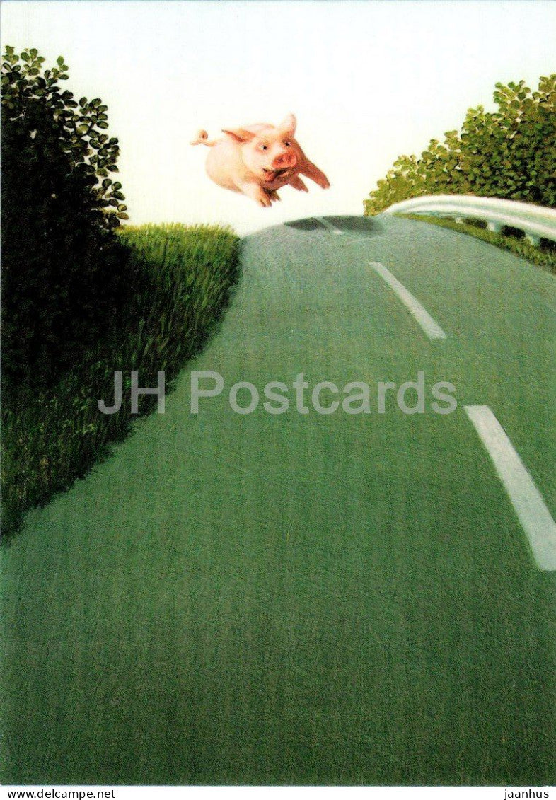painting by Heinz Obein - Motorway Pig - Autobahnsau - pig - German art - 1990s - Germany - unused - JH Postcards