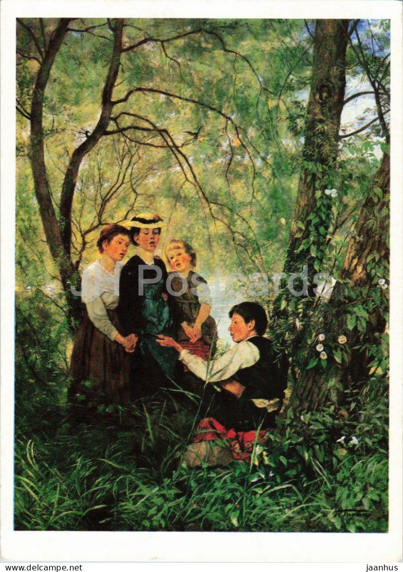 painting by Hans Thoma - Gesang im Grunen - singing children - German art - 1987 - Germany DDR - used - JH Postcards