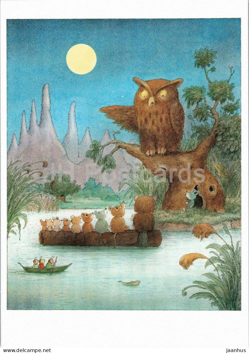 drawing by Erwin Moser - mice on a raft at night - owl - childrens book art - 1980s - Germany - unused - JH Postcards