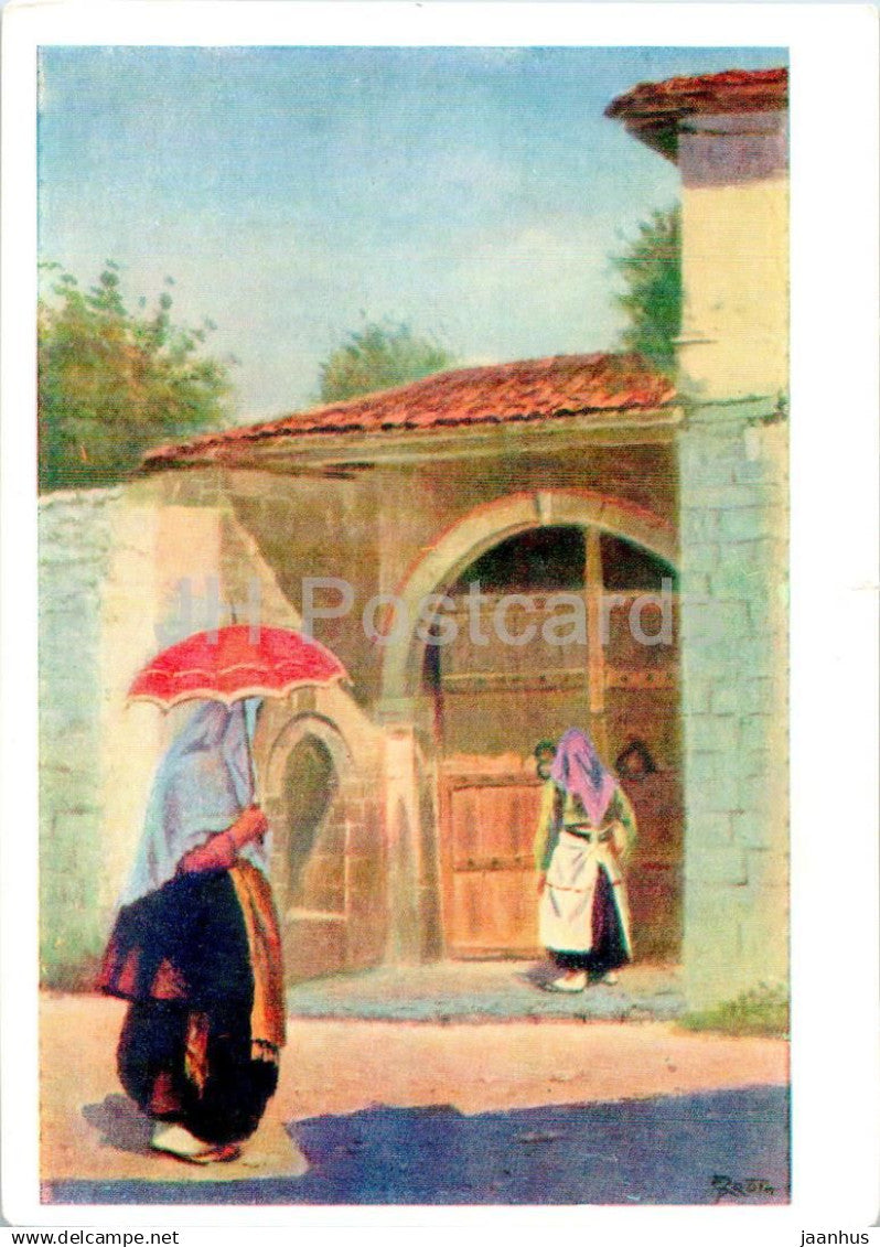 painting by Simon Rrota - Women at the gate in the city of Shkodra - woman - Albanian art - 1959 - Russia USSR - unused - JH Postcards