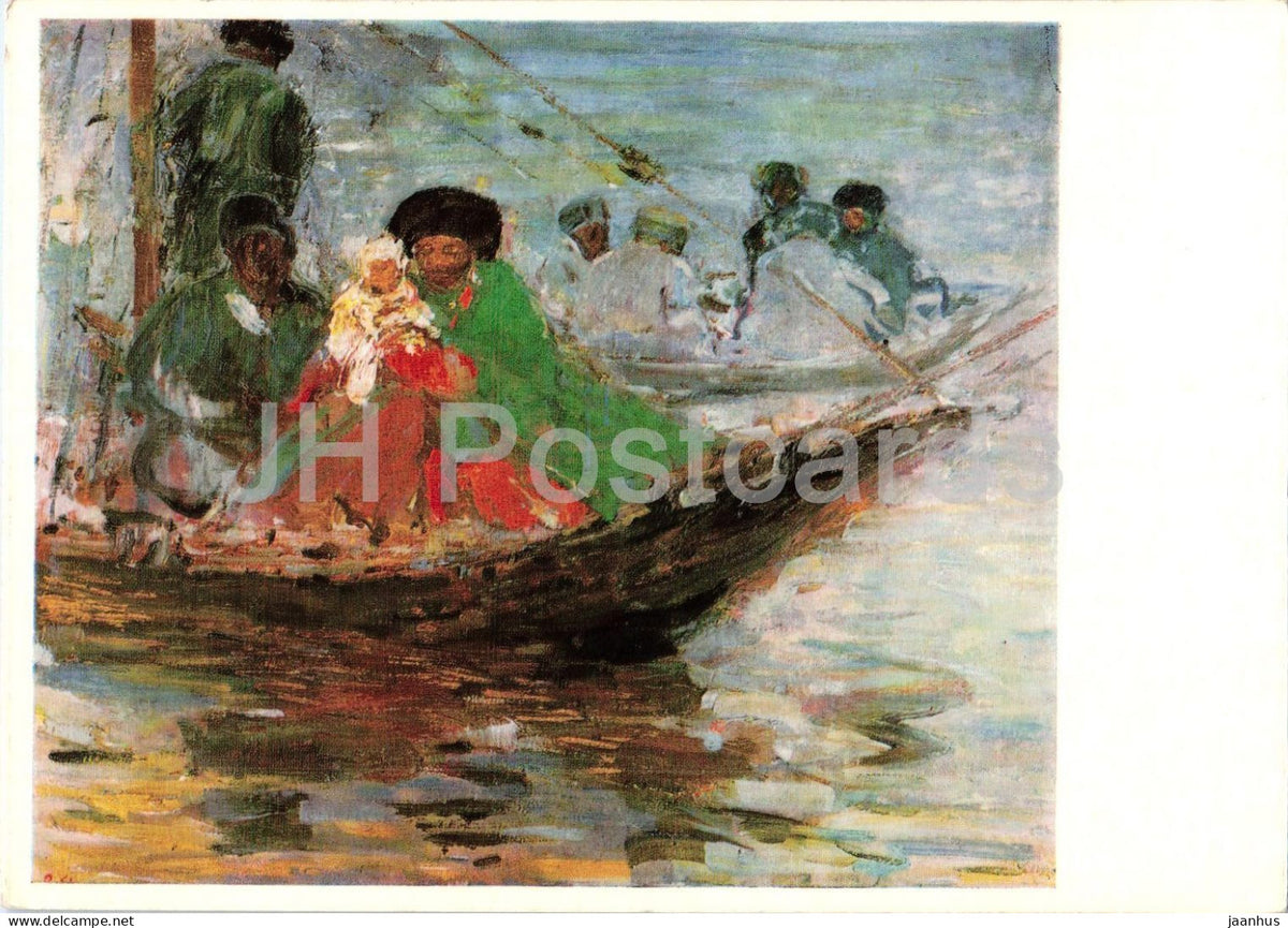painting by Robert Hermann Sterl - Kalmyk Boat on the Volga - Kalmuckenboot an der Wolga - German art Germany DDR - used - JH Postcards