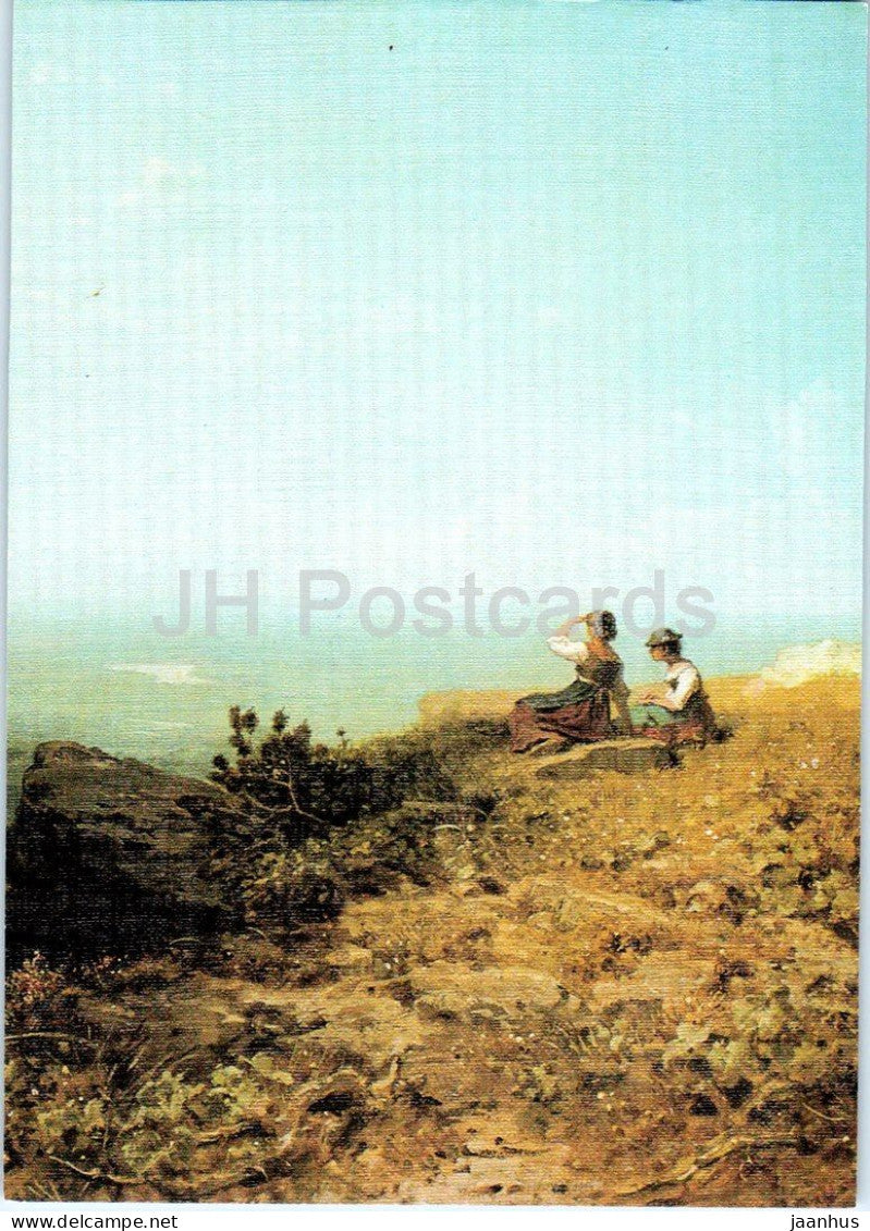 painting by Carl Spitzweg - Two Girls on the Alpine Pasture - Zwei Madchen auf der Alm - German art - Germany - unused - JH Postcards