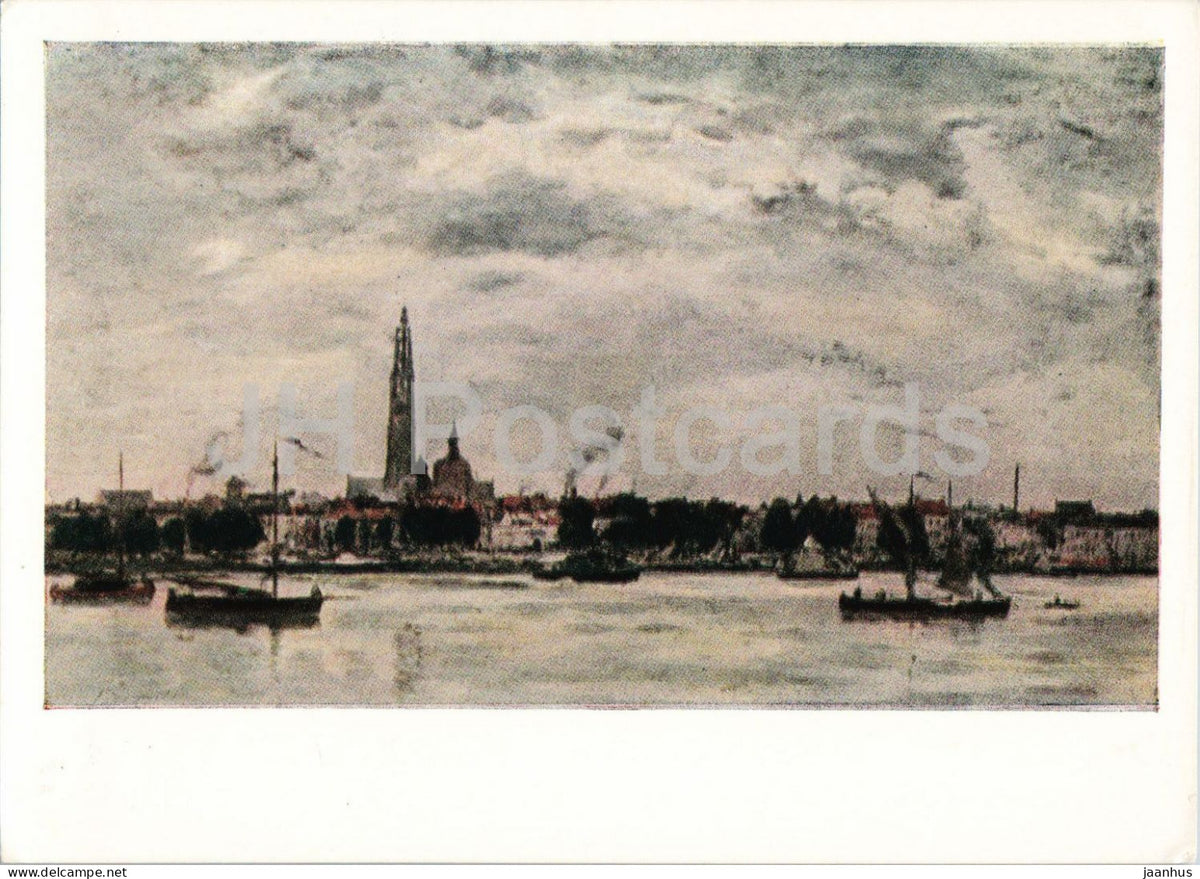 painting by Eugene Boudin - View of the Port of Antwerp - ship - French art - old postcard - 1959 - Russia USSR - unused - JH Postcards