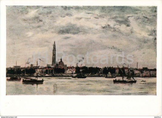 painting by Eugene Boudin - View of the Port of Antwerp - ship - French art - old postcard - 1959 - Russia USSR - unused - JH Postcards