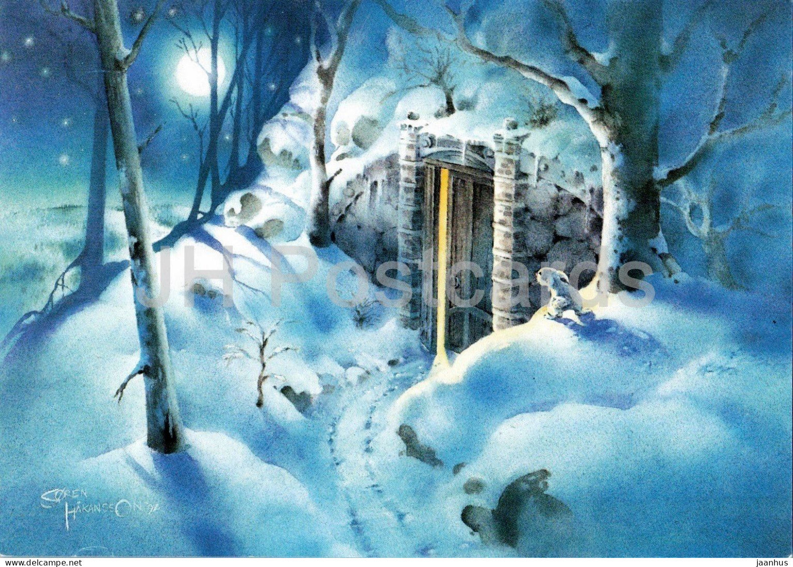 watercolor illustration by Soren Hakansson - The Mystery of the Wonderful Cave - hare - 1992 - Denmark - used - JH Postcards
