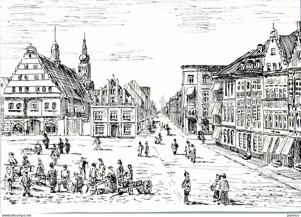 Greifswald - pen drawing - old town market square with historic gabled houses - German art - Germany - unused - JH Postcards