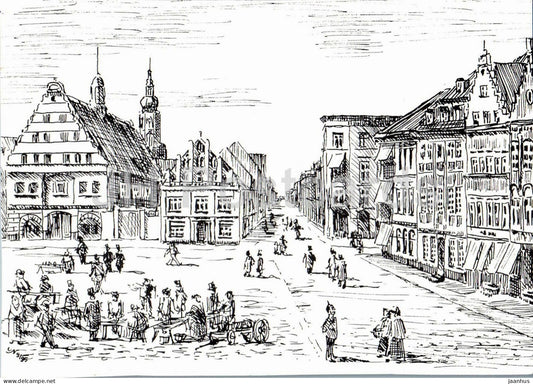 Greifswald - pen drawing - old town market square with historic gabled houses - German art - Germany - unused - JH Postcards