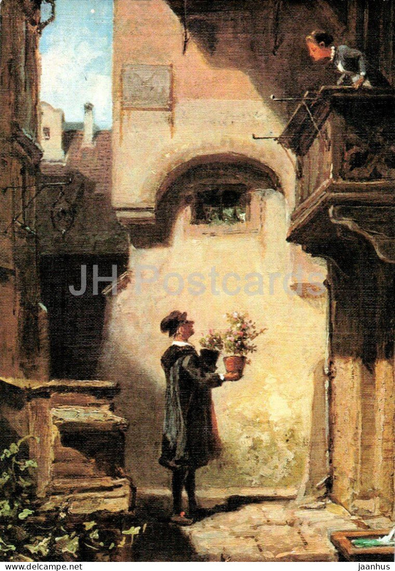 painting by Carl Spitzweg - The Well-Wisher - Der Gratulant - flowers - German art - Germany - unused - JH Postcards