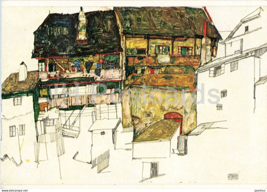 watercolor by Egon Schiele - Old Houses in Krumau - Alte Hauser in Krumau - Austrian art - 1971 - Austria - used - JH Postcards