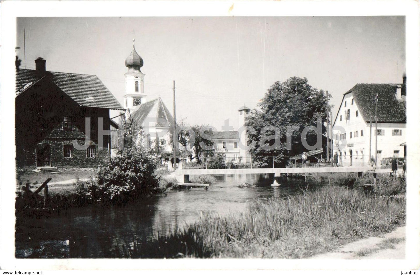 Schalchen - St. Jakobus church - river bridge - photo - old postcard - 1940s - Austria - used - JH Postcards