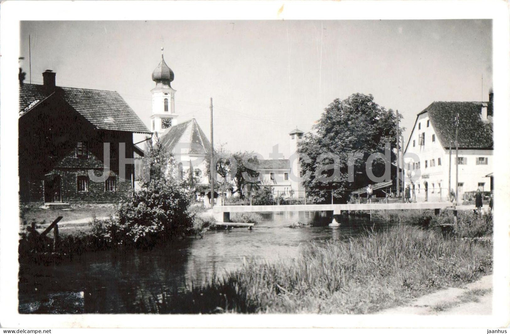Schalchen - St. Jakobus church - river bridge - photo - old postcard - 1940s - Austria - used - JH Postcards