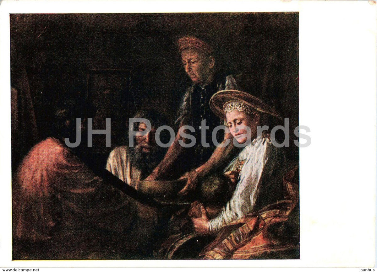 painting by Mikhail Shibanov - Peasant Dinner - folk costumes - Russian art - old postcard - 1958 - Russia USSR - unused - JH Postcards