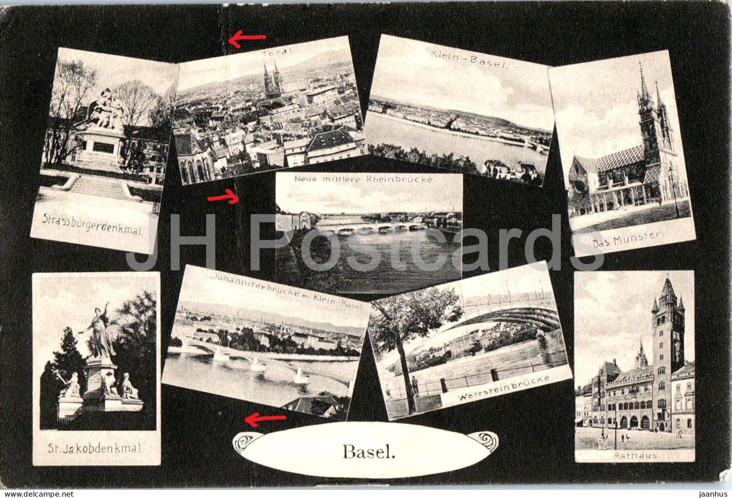 Basel - Stadtansichten - Total - Munster - Rheinbrucken - Rathaus - Denkmaler - old postcard - 1906 - Switzerland - used - JH Postcards
