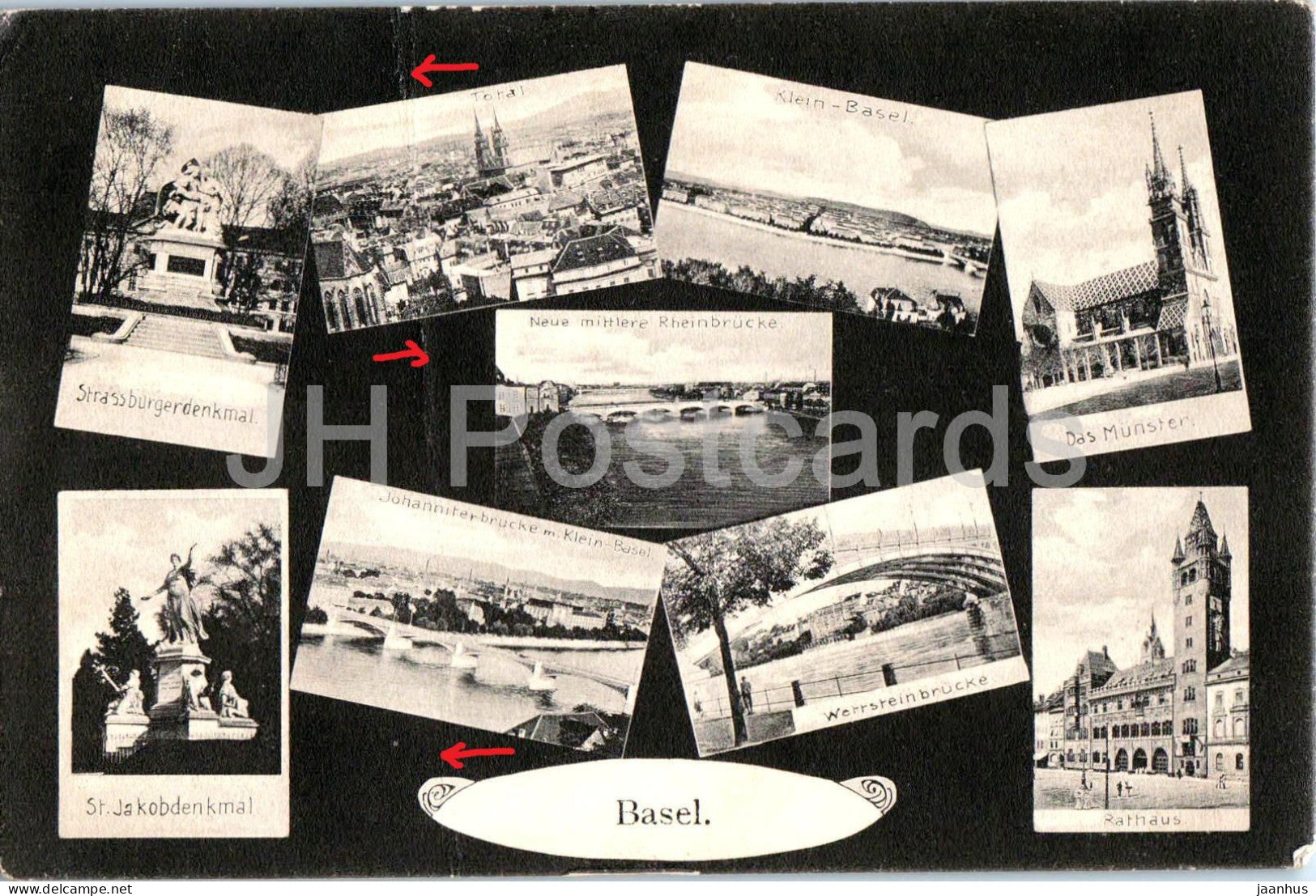 Basel - Stadtansichten - Total - Munster - Rheinbrucken - Rathaus - Denkmaler - old postcard - 1906 - Switzerland - used - JH Postcards