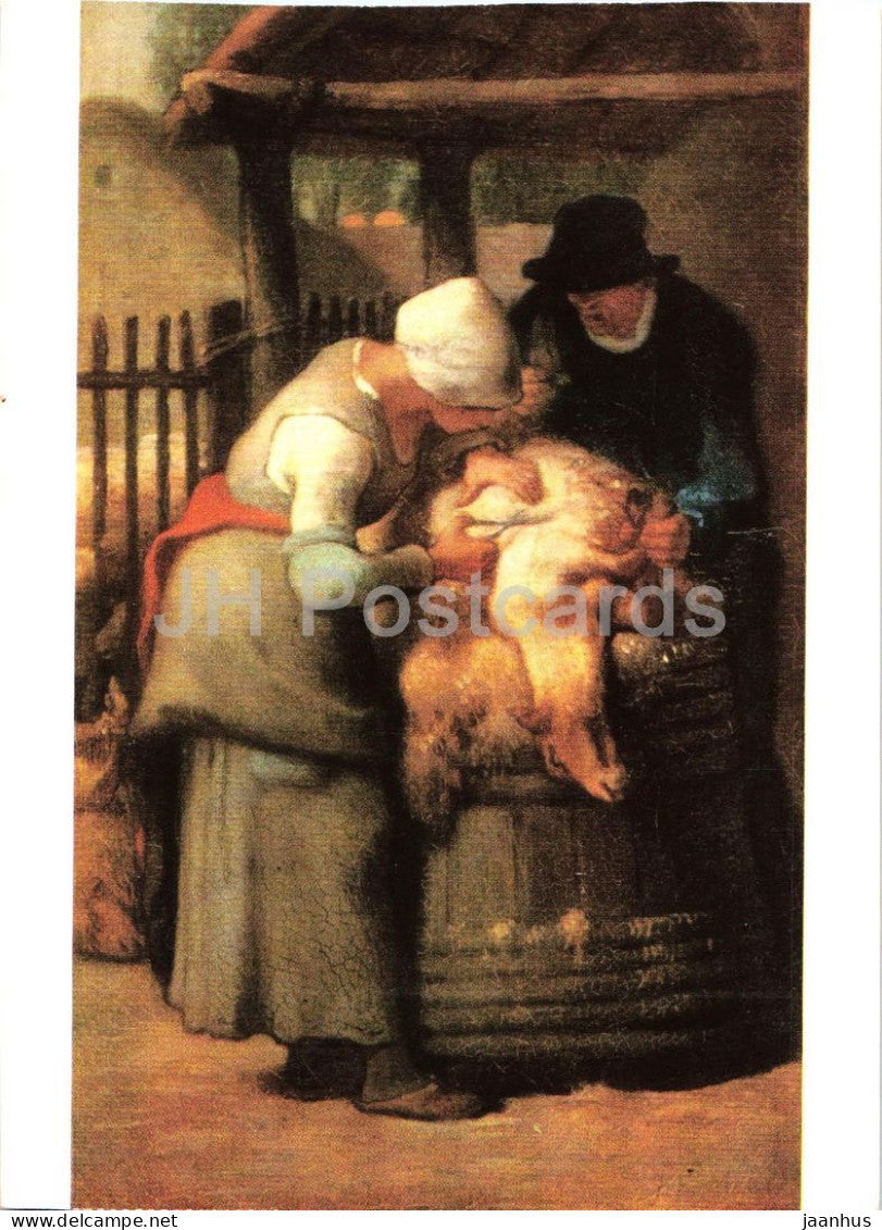 painting by Jean Francois Millet - The Sheep Shearer - Die Schafschererin - sheep - French art - Germany - unused - JH Postcards