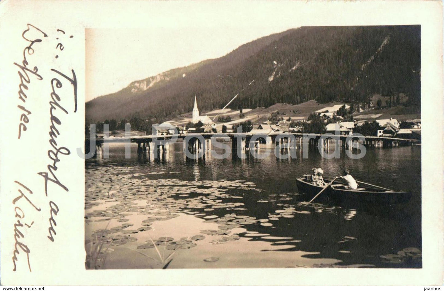 Techendorf am Weißensee - lake view - rowing boat - alpine village - old postcard - 1925 - Austria - used - JH Postcards