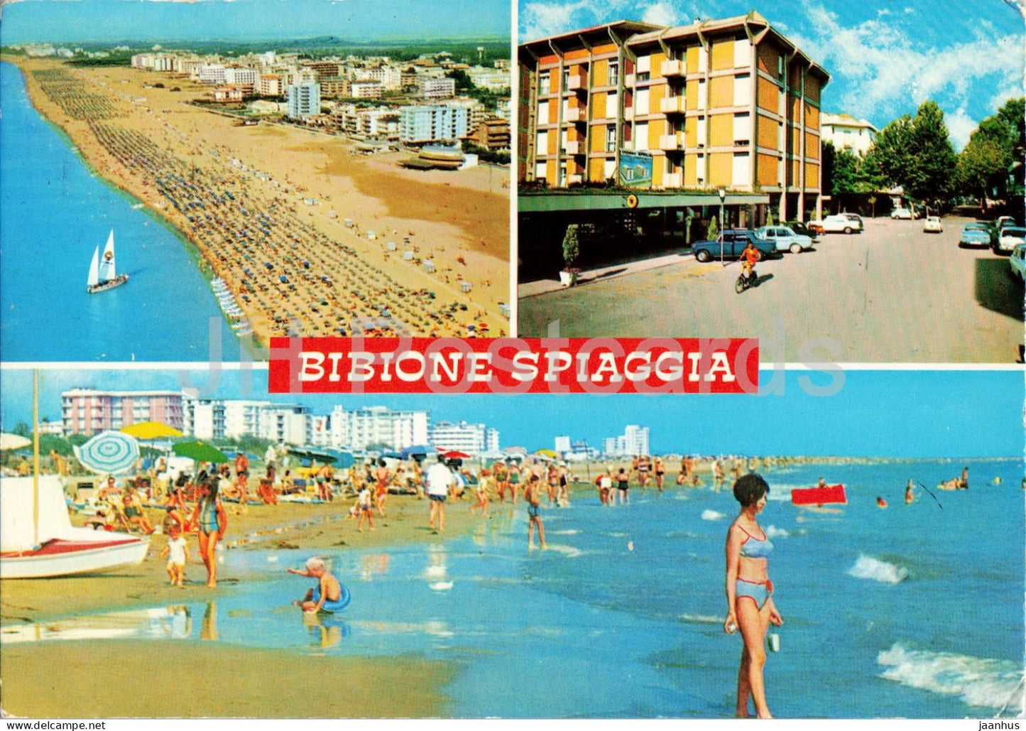 Bibione Spiaggia - Aerea - Centro Commerciale - Spiaggia - beach - multiview - 1980 - Italy - used - JH Postcards