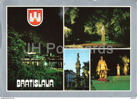 Bratislava - evening illumination - castle - fountain - SNP memorial - multiview 1987 - Slovakia - Czechoslovakia - used - JH Postcards