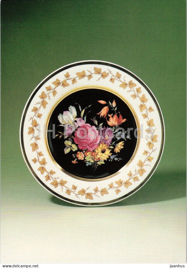 porcelain wall plate by KPM Berlin - Feine alte Blumen und Efeuranke Wandteller flowers - German art - Germany - unused - JH Postcards