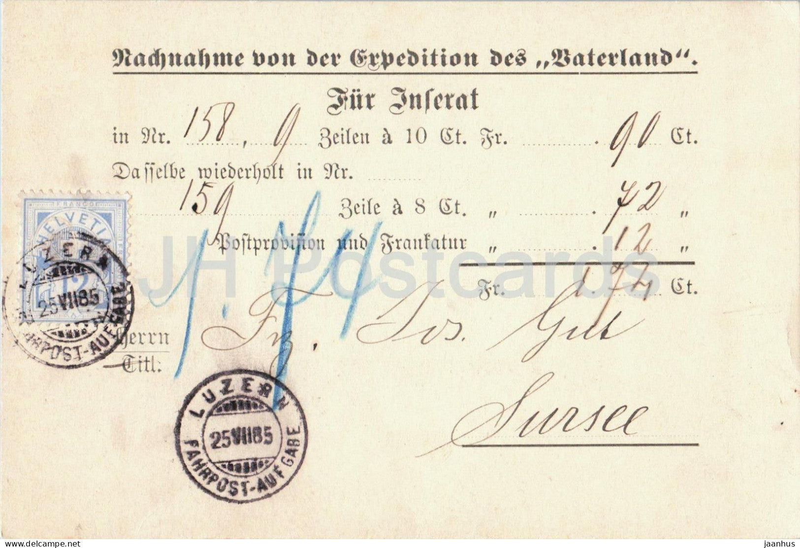 Nachnahme von der Expedition des Vaterland - Luzern Sursee 25.VII.85 - old document - postcard - 1885 - Switzerland - JH Postcards