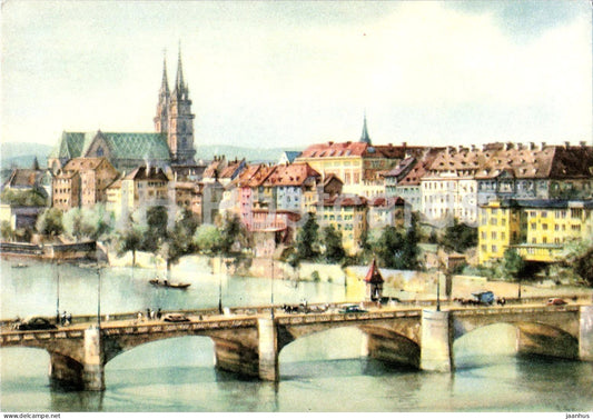 Basel - Basle - view over the Rhine with bridge - illustration - 11117 - old postcard - 1950s - Switzerland - unused - JH Postcards