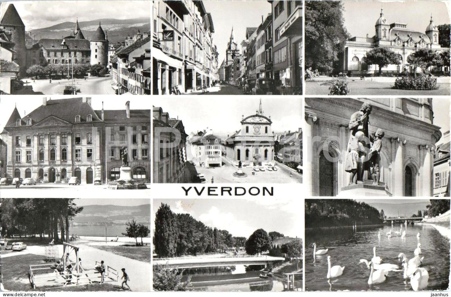Yverdon - old town - streets - castle - church - lake swans - multiview - 1965 - Switzerland - used - JH Postcards